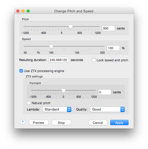 The pitch and speed adjustment interface