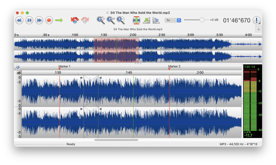 The TwistedWave audio editor showing a multichannel waveform